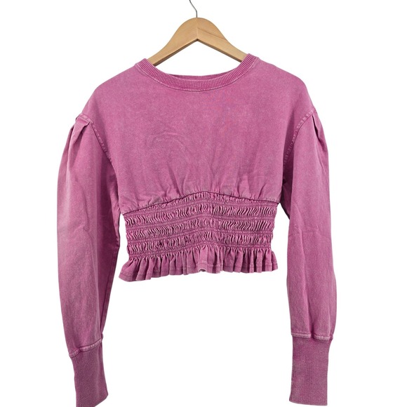 Free People Tops - Free People Sweatshirt Womens XS Pink Smocked Ruffled Cropped Puff Sleeve Boho
